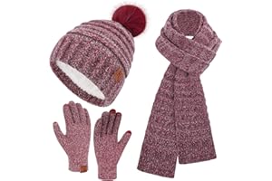 Bequemer Laden Mujeres Invierno Gorro Bufanda Larga Guantes Tactiles Conjunto, Gorra Termicos Pompon con Forro Polar Regalo Mujer para Clima Frío