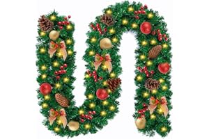 ZPQAODI Guirnalda de Navidad Verde,2,7M Guirnalda Decorada,Guirnalda Verde Navidad Artificial,con 50Luces LED y Colgante Rojo Bolas, Abeto Artificial Guirnalda de Ratán,para decoración del hogar