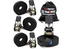 MAGMA 4 Sangles à Boucle à Came 3,5 m | Sangle à Cliquet pour Galeries de Toit et Remorques | Réglable, Attache Kayak, Planche Surf, Canoë, Vélo, Moto | Force de Rupture 1600kgf/unit, Couleur Noire