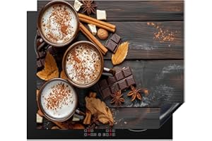 KitchenYeah© Protection Pour Plaque Induction 59x52 cm Deco Cuisine Protégé Cache De Cuisson Vitroceramique Chocolat - Automne - Feuilles - Gravure sur bois - Nature morte - Cannelle