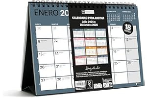 Miquelrius - Calendario de Sobremesa 18 Meses, Julio 2024 a Diciembre 2025, Tamaño A5 (210 x 148,5 mm), Espacio para anotar, Espiral doble con base de cartón negra, 11 colores interiores diferentes
