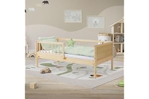 ML DESIGN MODERN LIVING ML-Design Cama Infantil Individual Natural(Beige) 70x140cm Madera de Pino Maciza con Somier de Láminas y Protección Anticaída Diseño Creativo Estructura Robusta Mueble de Dormitorio para Niños/Bebés