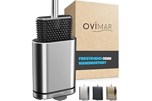 ‎OVIMAR ovimar Toilettenbürste Omofyr | Silber | Silikon Klobürste | WC Bürste mit Belüftung | Edelstahl | abnehmbare Tropfschale | nur 6cm breit| stehend oder Wandbefestigung im Badezimmer