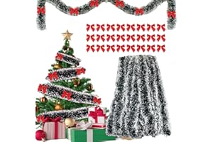 AN-WATTY Guirnalda Navidad 10m + 24pcs Lazos Arbol Navidad Rojos, Grinalda Natal, Christmas Garland, Espumillón Verde Grueso, Decoración Navideña Guirnalda para Interior y Exterior, para Puertas Escaleras