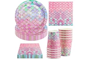 Hmfmdy Set di stoviglie per feste a forma di sirena, 40 pezzi, decorazione per feste di compleanno, con piatto di carta, tovaglioli, feste di compleanno per bambini, per 10 ospiti