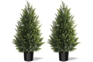 Vitalismo Artificial Topiary Cedar Trees 3ft, Realistic Fake Plants Indoor Outdoor with PE Leaves, Faux Boxwood Evergreen Pine Shrubs for Entrance Patio Garden Home Office Christmas Decor, Set of 2