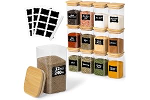 Yokuni Kryddburk i glas och trä, 12 x 240 ml, med etiketter och penna | Kryddburkar för bättre arrangerade köksgarderober, lämplig för förvaring av kryddor, spannmål, baljväxter