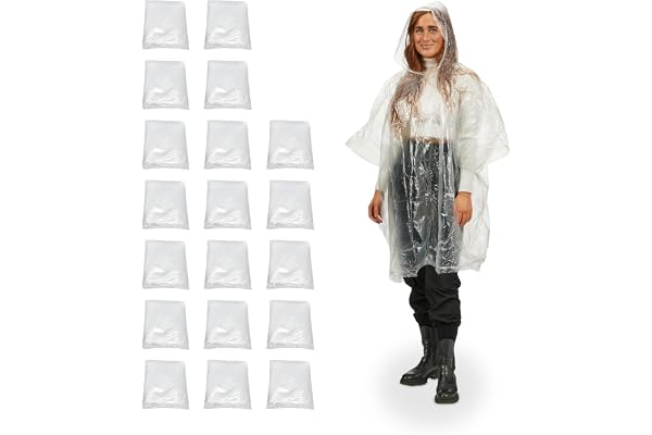 Relaxdays Regnponcho, set om 20, engångsregncape med huva, festival, nödponcho för kvinnor och män, färgval