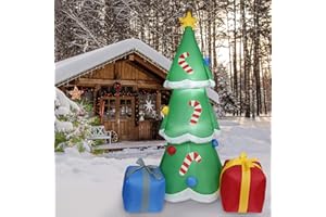 Ailgely 6FT aufblasbarer Weihnachtsbaum mit Geschenkboxen, geformte LED-Blow-up-Weihnachtsaufblasbare Requisiten mit festen Pfählen, Halteseilen für Gartenparty-Dekoration im Freien