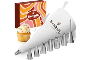 BakeBuddy Premium Spritzbeutel Set (11-teilig) - 35cm Baumwolle Spritzbeutel mit Tüllen aus Edelstahl zum Dekorieren von Torten, wiederverwendbar und spülmaschinenfest, inkl. Adapter & Geschenkbox