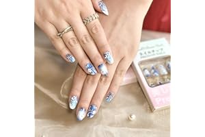 Sun&Beam Nails Paznokcie do naklejania, krótkie, okrągłe, owalne końcówki paznokci w kolorze niebieskim, białym, kwiaty, motyle, brokat, wzór 3D, z podkładkami samoprzylepnymi, 24 sztuki (#210)