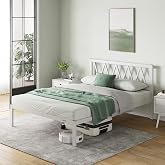 Marco de Cama de Metal con Soporte de Listones de Madera para Dormitorio, Blanco