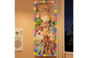 ‎SUNMON SUNMON Kuscheltier Aufbewahrung Wandregal mit LED-licht, Stofftier Aufbewahrung Organizer Holz Wandmontiert 1,8 Meter Stauraum Plüschtier Aufbewahrung Netz Platzsparend für Kinderzimmer
