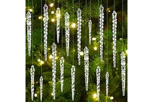 ZoZoMaiy 24 Piezas Carámbanos de Acrílico para Árbol de Navidad, 13cm Colgantes de Árbol de Navidad Icicles con 30M Crystal Line, Transparente Adornos Arbol de Navidad para Interior y Exterior