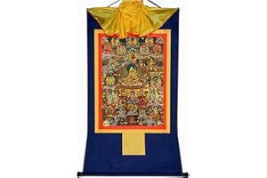 Gandhanra Thangka Tibetische Wandbehang,Guru Rinpoche und die Gottheiten des Reichtums Thangka,Heißgeprägter Buddha Wandteppich für Zen Wohnkultur, Meditation, Spirituelle Entspannung und Ruhe