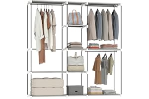 HOMCOM Armario de Ropa, Perchero, 182x43x185 cm, Armario Abierto con 8 Estantes de Tela, Barras para Colgar, Marco de Metal, para Dormitorio, Salón, Vestidor, Gris Claro