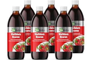 EkaMedica® Weißdorn Weißdornbeeren Nahrungsergänzungsmittel - Natürlich Rein Saft - Ohne Zuckerzusatz Konservierungsstoffe Duftstoffe (6 x 1000 ml)