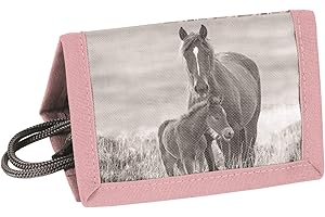 Ragusa-Trade Portafoglio da bambina con cordoncino con motivo cavalli (20KO), rosa/grigio, 12 x 8,5 x 1 cm