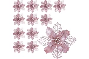 SALADOCY 12 Piezas Flores Poinsettia Brillante - Flores Artificiales de Pascua - Adornos para Decoración de Árbol de Navidad (Oro Rosa)