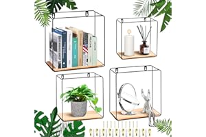 TEGOVE Mensole da muro Design,Set di 4 Mensola da Muro Nera,Mensole da muro Piazza con Base in Legno,Mensole Design,Mensola da Parete,Decorazioni Muro Salotto metallo Mensole da Muro Nera