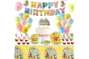 DEKEWE 75 Pcs Spongebob Gebutstag Deko Partygeschirr, Geburtstag Party Set, Cartoon Geschirr mit Ballons, Tellers, Serviettes, Tortendeko, Kindergeburtstag Deko Geschirr für Junge Mädchen Party Dekorationen