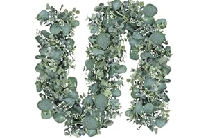 LOMOHOO 2Pcs Eucalyptus Garland Artificial Leaves Garland 5.7Ft Faux Silver Dollar Eucalyptus Vines with White Seeds,Greenery Vines for Wedding Arch Backdrop Home Table Indoor Outdoor Decor