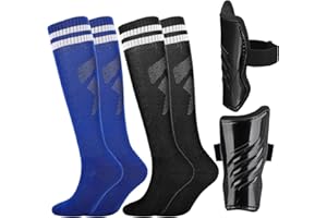 Aquzhou 2 Pairs Kids Football Socks with Kids Shin Pads, Boys Football Socks Cushioned Knee High Breathable Girls Boys Soccer Sock for Junior (5-10 years)