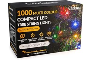 CHRISTOW 7ft Christmas Tree Lights, 1000 Multi-Coloured LED Fairy Lights with Timer, 8 Light Modes, Energy Efficient 3mm LEDs, Indoor & Outdoor, Mains Powered, Green Cable (24.97m Lit Length)