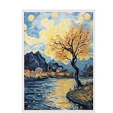 Zestia Beyaz &Ccedil;er&ccedil;eveli Tablo, Van Gogh Yıldızlı Gece K&ouml;pr&uuml; Yorumu, Salon Dekoru Poster No: 108452 50 x 70