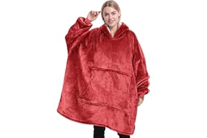 Catalonia Classy Manta grande Sherpa con capucha, sudadera grande con capucha, suave y acogedora, manta portátil con capucha y bolsillo frontal para adultos, mujeres y hombres, color rojo