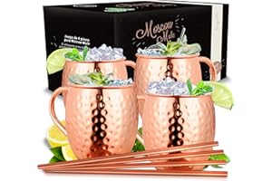 Vezato Moscow Mule Mugs [500ml] - Taza de cobre martillado con sorbete - Juego de cóctel de cobre hecho a mano [4 piezas] - 4 Tazas de cobre inoxidable para Mula de Moscú