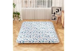 COSTWAY Japanese Floor Mattress, 10cm Thick Futon Mattress Tatami Mat Sleeping Pad with Carry Bag & Washable Cover, Foldable Roll Up Bed Mat for Lounger Dorm Camping (Blue Leaves, Double)