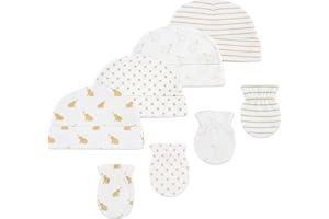 Budding Bear Set Cappello Neonato Invernale con Guanti Neonato Inverno - 4pz - 100% Cotone Biologico - 0-6 Mesi - Lavabile in Lavatrice - Berretto Neonato Invernale, Guanti Bimbo Bimba - Bianco e Oro