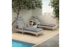 Aweather 3 Pieces Rattan Lounger Set Sun Lounger,PE Rattan Patio Lounge Chair Set,Outdoor Recliner Lounge Chairs with Adjustable 5-Position Recliner for Patio, Beach, Pool