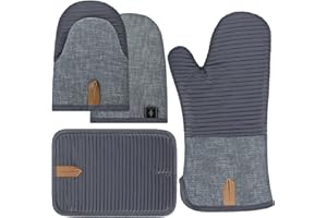 BONTHEE Guanti da forno resistenti al calore Set di mini guanti da forno Guanti da forno con strisce di silicone antiscivolo per cucinare e cuocere - Set di 4 - Grigio