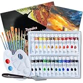Topsics 37 IN 1 Acrylic Paint Kit 24 x 12 ml, with Brush, Mixing Palette, Canvas and Scraper, Perfect for Canvas, Wood, Fabri