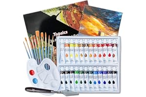 Topsics 37 Pezzi Colori Acrilici, 12 ML x 24 Tubes Set Pittura Acrilica per Pietra/Tessuto/Vetro/Legno/Tela, Kit di Pittura Acrilici Atossici
