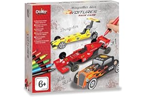 CREA LIGN' Créa Lign’ | Coffret Maquette Voitures de Course à Assembler et Peindre | Kit Créatif Enfant 6-12 Ans | Activité Manuelle, Dextérité et Logique | 3 Voitures à Construire + Feutres et Autocollants