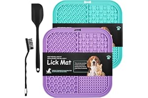 BASVII Alfombrilla para Lamer para Perros 2 Piezas, Alfombrillas para Lamer Perros y Gatos de Silicona, Ralentiza Alimentación de Mascota, Incluye Espátula y Cepillo (Cian + Morado, 20X20CM)