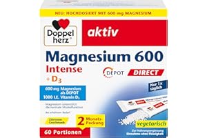 ‎DOPPELHERZ Doppelherz Magnesium 600 Intense + D3 DEPOT DIRECT - Hochdosiert mit 600 mg Magnesium plus 25 μg Vitamin D pro Portionsbeutel - 60 Portionen mit Zitronen-Geschmack