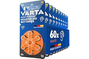 VARTA Batterie per apparecchi acustici tipo 13, 60 pezzi, arancione, pile Power on Demand, confezione economica, per amplificatore acustico, Made in Germany