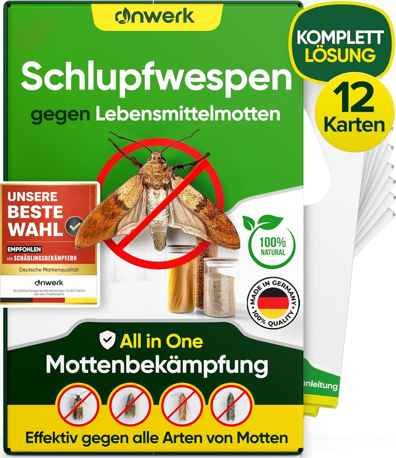 anwerk® Schlupfwespen gegen Lebensmittelmotten - 12 Karten (3 Karten à 4 Lieferungen) - Effektiv Lebensmittel Motten bekämpfen - Alternative zur Mottenfalle, Mottenspray, Pheromonfalle
