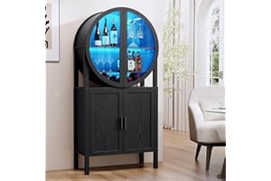 BROTTAR Rounded Wine Bar Cabinet with LED Lights, 65" Tall Drinks Coffee Cabinet with Glass Doors & Shelves, Modern Storage Cabinet with Human Body Sensor for Kitchen, Living Room, Black