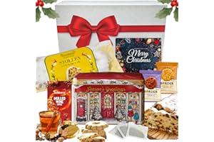 FAST AND FAIR UK Tea Gift Set for Christmas - Festive Afternoon Tea Tin, With 500g Stollen Cake, Border Biscuits and Mulled Spice Mix - 40 Premium Teabags Included