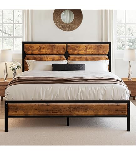 VECELO Bettgestell 90x200 Cm Mit Holzkopfteil & Stauraum – Metallbett, Vintage Braun, Inkl. Lattenrost