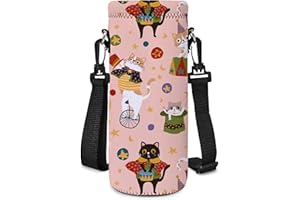 Piyycur Universal Bottle Holder with Adjustable Belt (500ml/750ml/1000ml) - Neoprene Thermal Bottle Case for Sports, School, Travel (Circo di Gatti Carino, 1000ml(34oz))