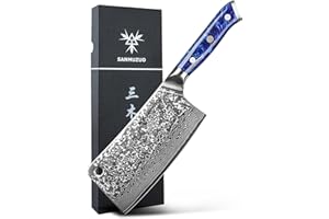SANMUZUO Damas Feuille de Boucher, Couteau de Cuisine Chinois Professionnel Couperet de Cuisine en VG-10 67 Couche Damas Acier avec Poignée en Résine(Bleu Saphir) - Xuan Série