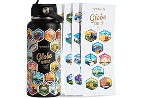 HYDRAVEL - Borraccia Termica GLOBE TROTTER con 50 Adesivi dei Posti più BELLI del Mondo - Ottima Idea Regalo per Viaggiatori - 1 LT, Acciaio Inox, bevande Calde per 12h/Fredde 24h (Nero)