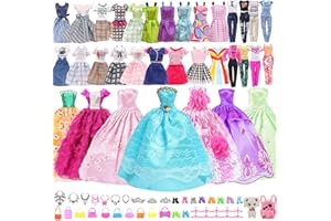 QJFHURB 48 Pcs Vestiti Barby e Accessori Accessori Bambole Vestiti Barby Originali Accessori Bambole 16 Abiti 10 Paia Di Scarpe 10 Grucce 4 Borse 1 Accessorio Per Cuccioli 4 Collane 3 Corone