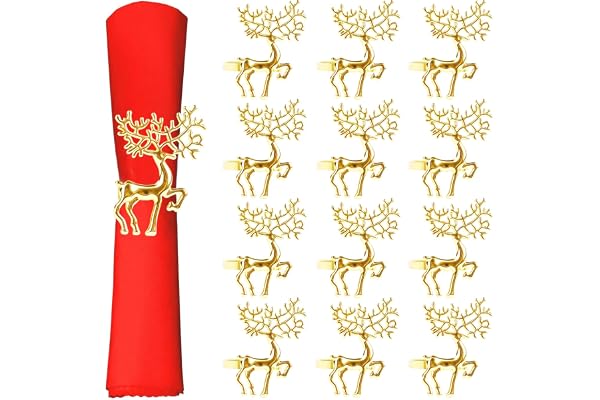 Anstore Rond de Serviette Renne de Noël, 12 Pièces Ronds de Serviette de Noël en Métal Doré, Decoration Noel Bague Serviettes de Table pour Mariage, Fête, Dîner, Décoration De Table, Banquet
